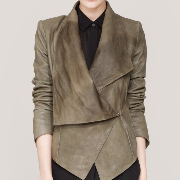 Helmut Lang Leather Moto Jacket Army Green Coat Jacket w/hook  S - Picture 5 of 9